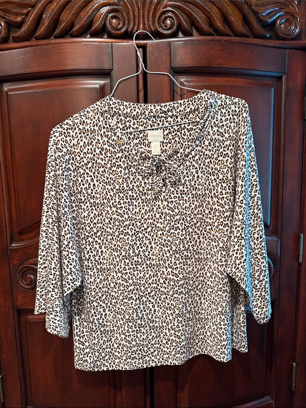 Chico's Leopard Print Tie-Neck Tunic in Cream and Brown